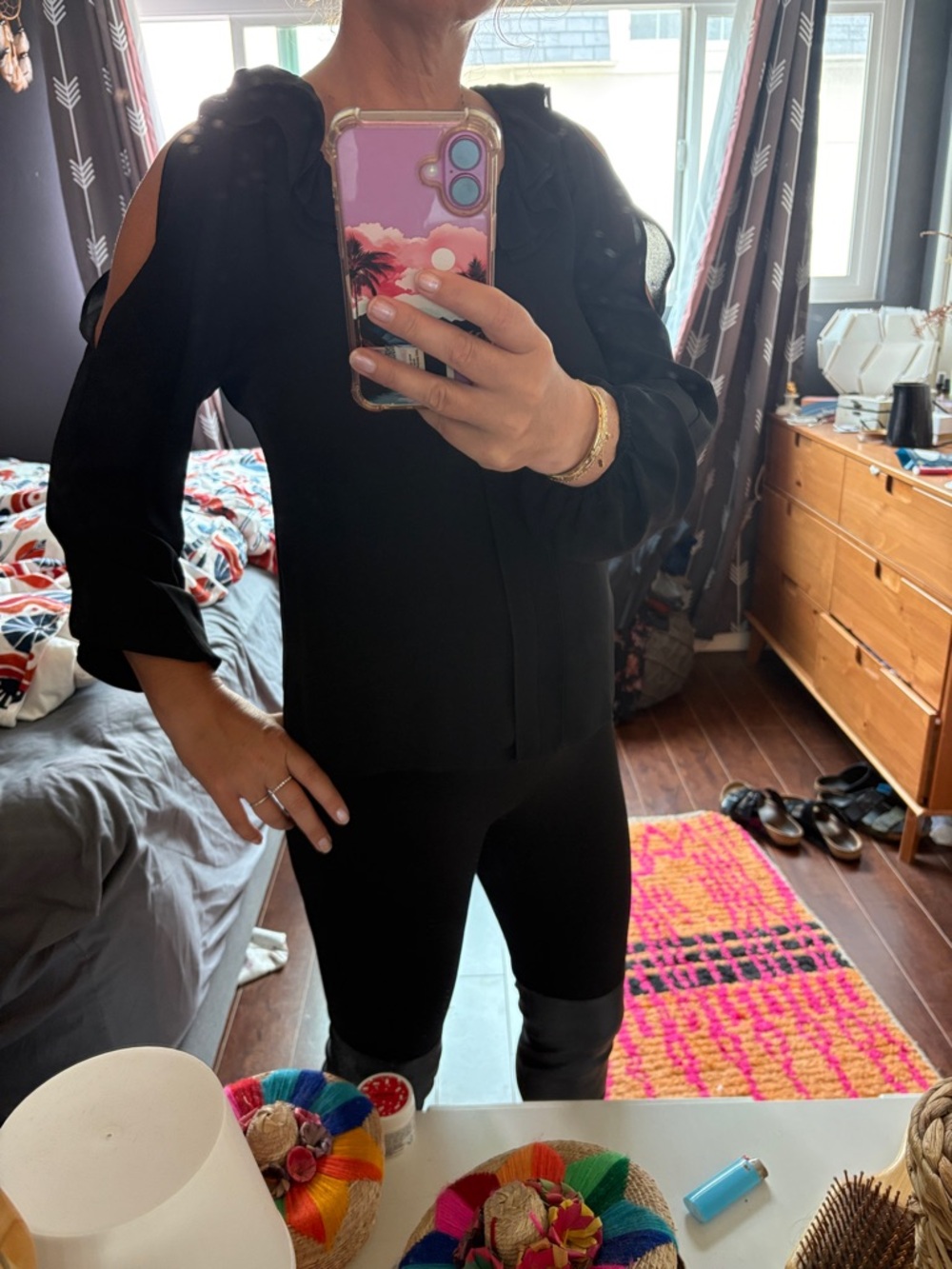 Kobi Halperin Black Ruffle-Neck Long Sleeve Blouse